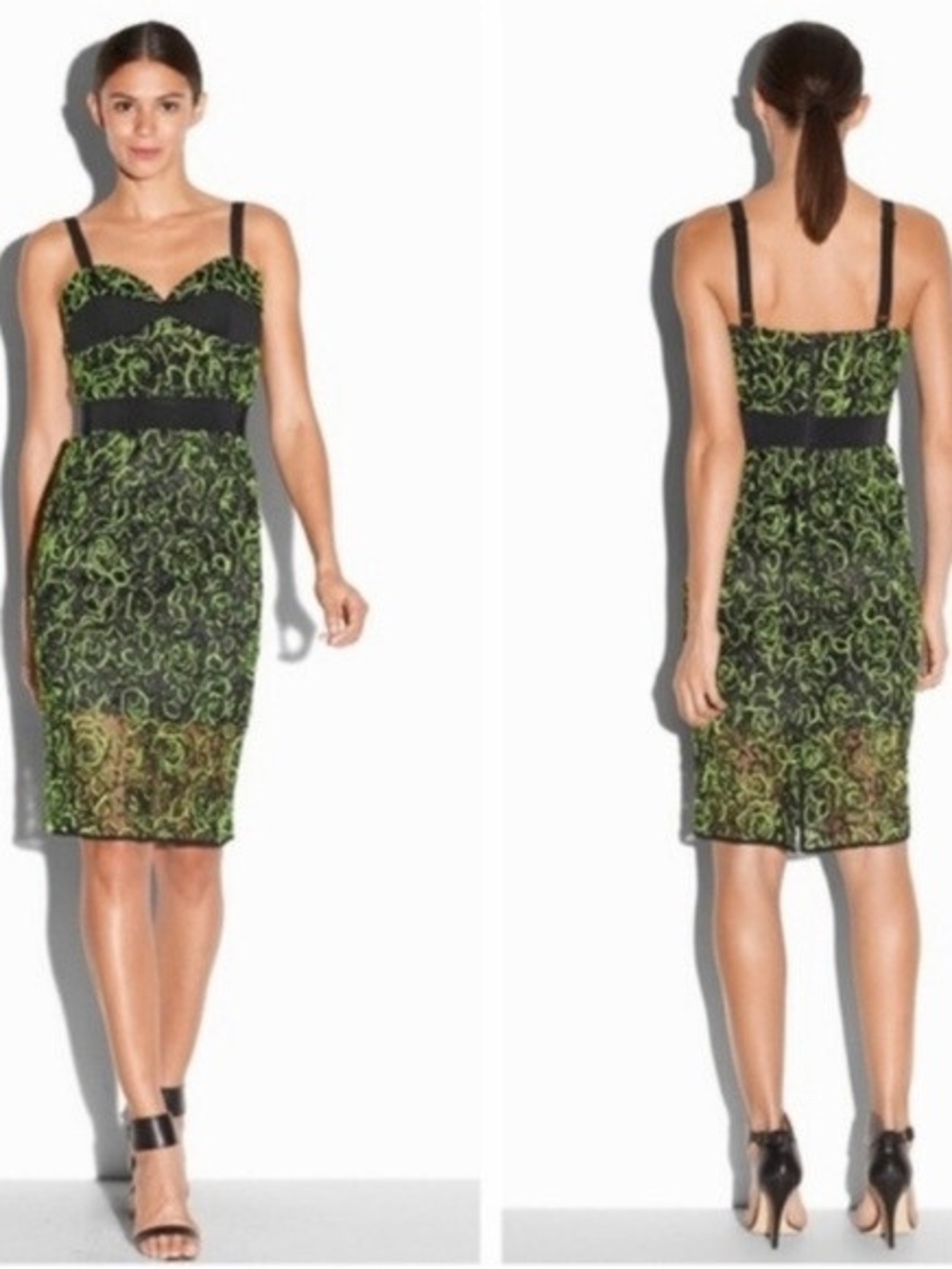 Milly Black and Lime Green Lace Midi Dress